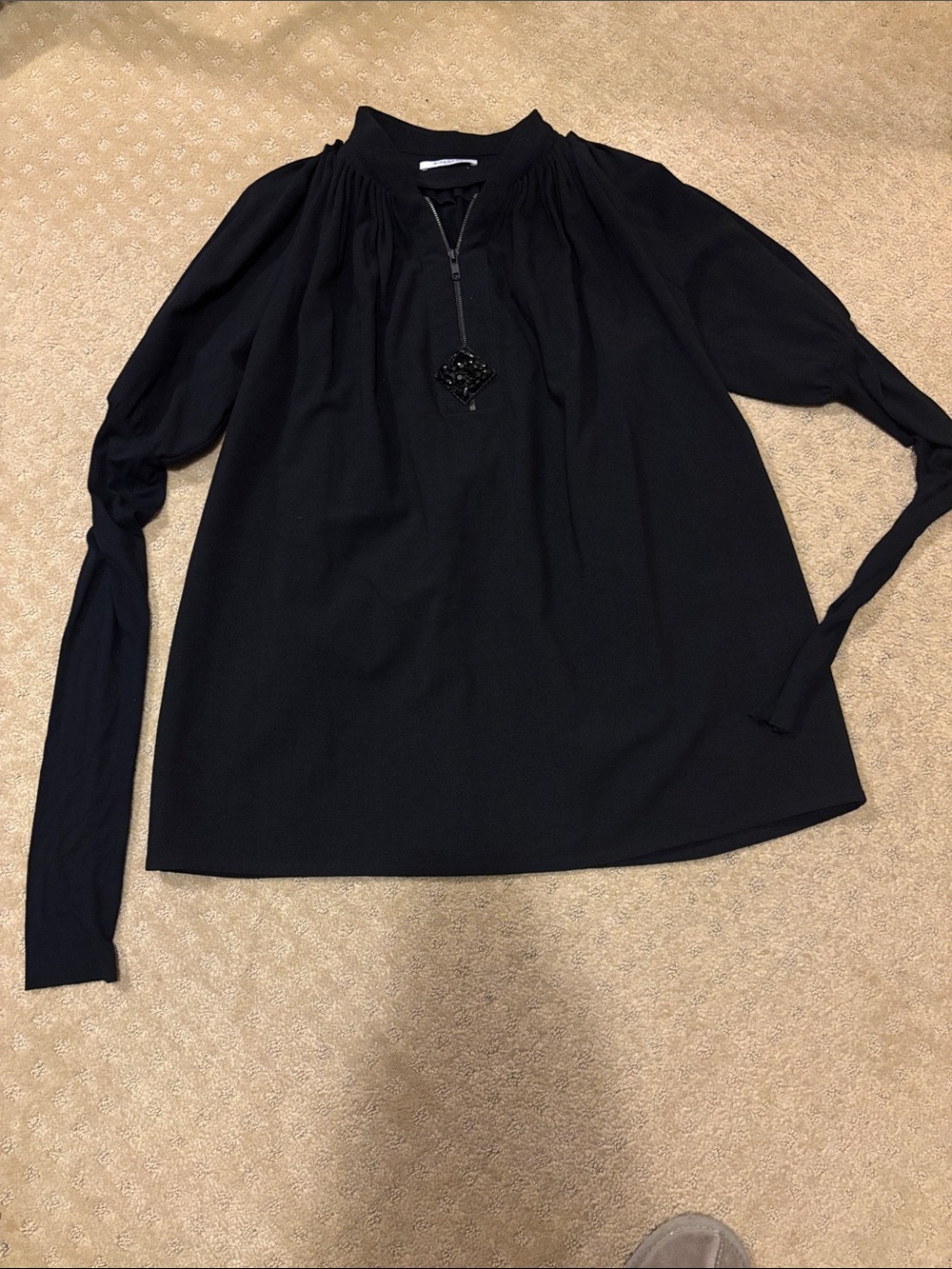 Givenchy Black Long-Sleeve Zip-Neck Blouse with Pendant